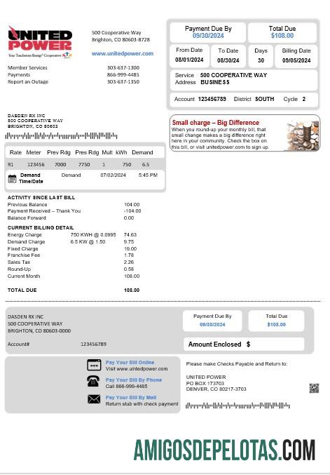 Para baixar modelo de conta de serviços públicos dos EUA Colorado United Power em formatos Word e PDF